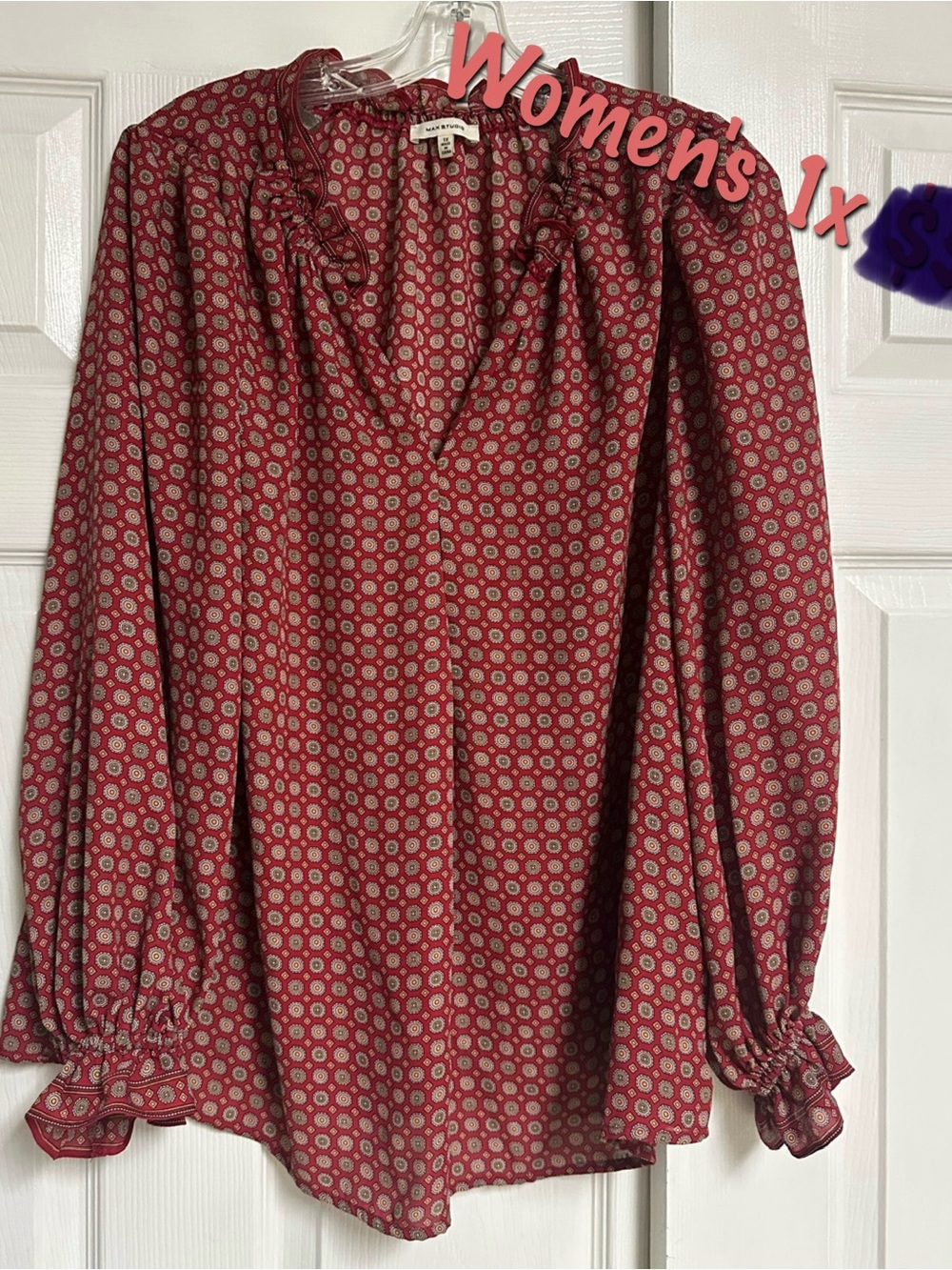 Women’s Red Patterned Long Sleeve Blouse